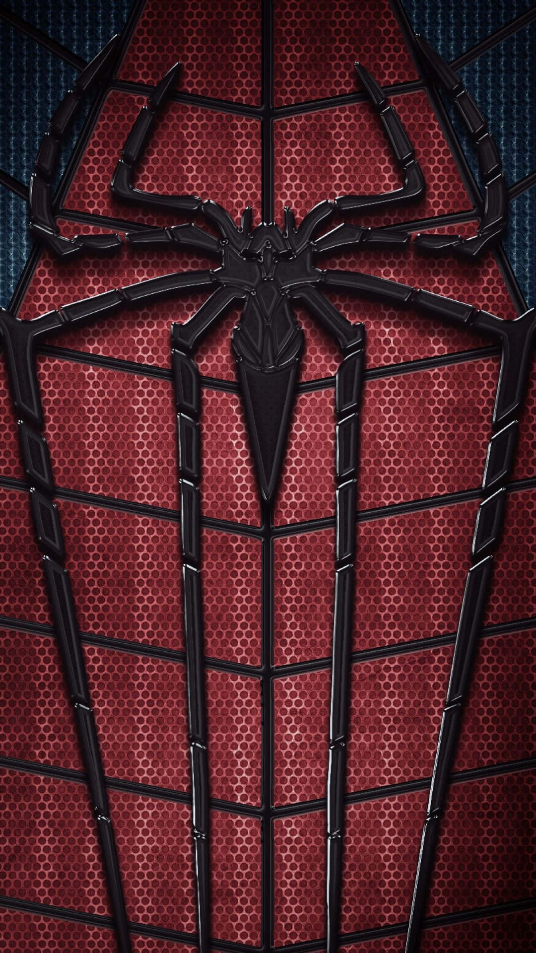 Amazing Spider Man iPhone 桌布 壁紙 — 黑色蜘蛛標誌在紅色六角網紋服裝上的特寫，背景為藍色紋理。