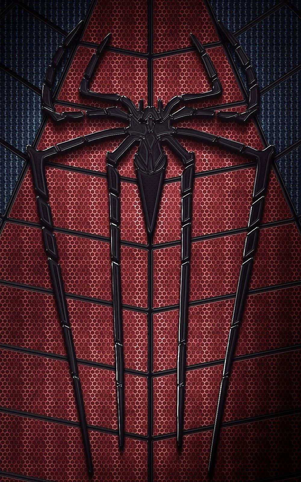 Spider Man Phone 桌布 壁紙 — 黑色蜘蛛標誌特寫，位於紅色紋理西裝上，背景為藍色格紋。