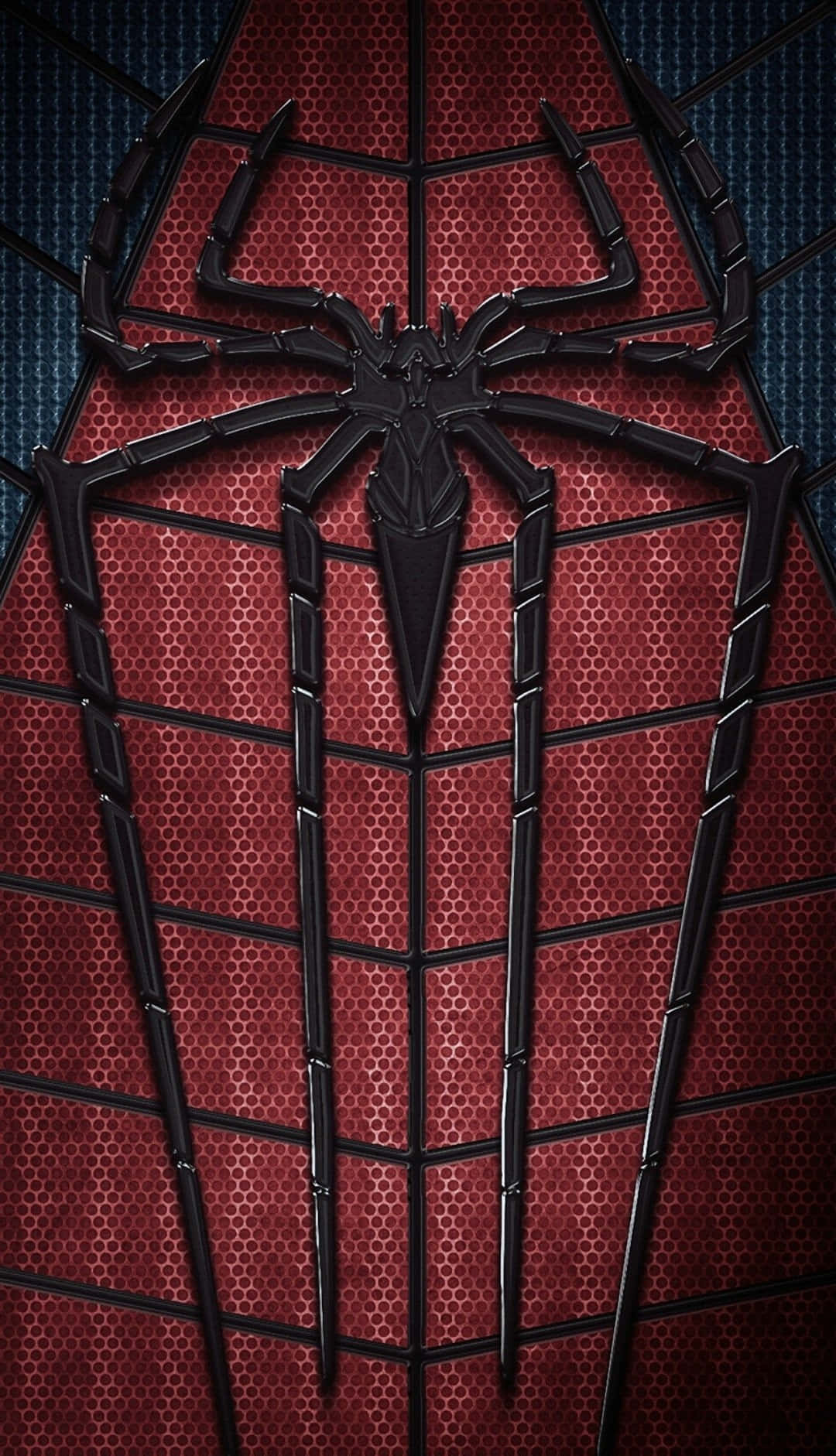 Spider Man Logo 桌布 壁紙 — 黑色蜘蛛標誌的特寫，位於紅色紋理西裝上，背景為藍色格紋圖案。