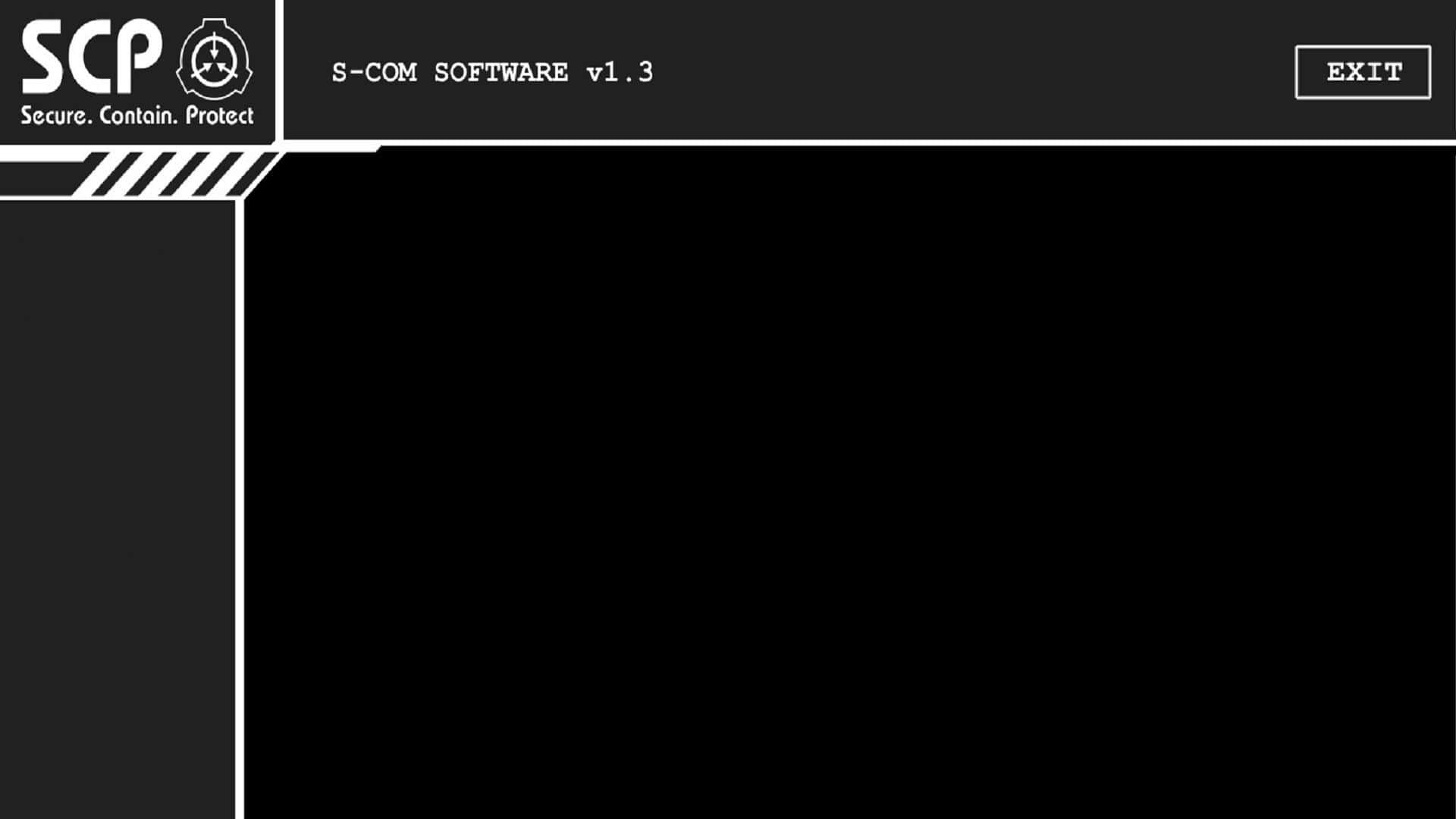 SCP 桌布 壁紙 — 黑色螢幕上顯示SCP軟體介面，以簡約白色文字顯示'Secure Contain Protect'及版本v1.3。