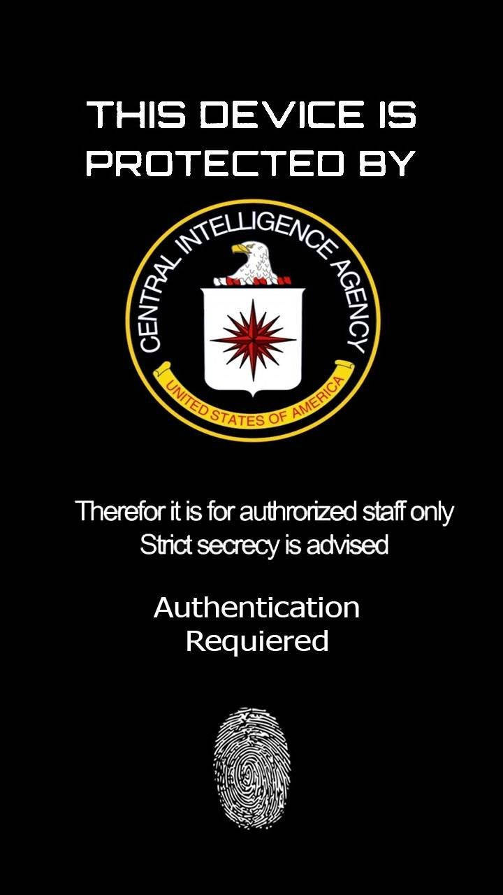 Cia 桌布 壁紙 — 黑色螢幕顯示CIA標誌，文字指出裝置受保護且需要驗證。