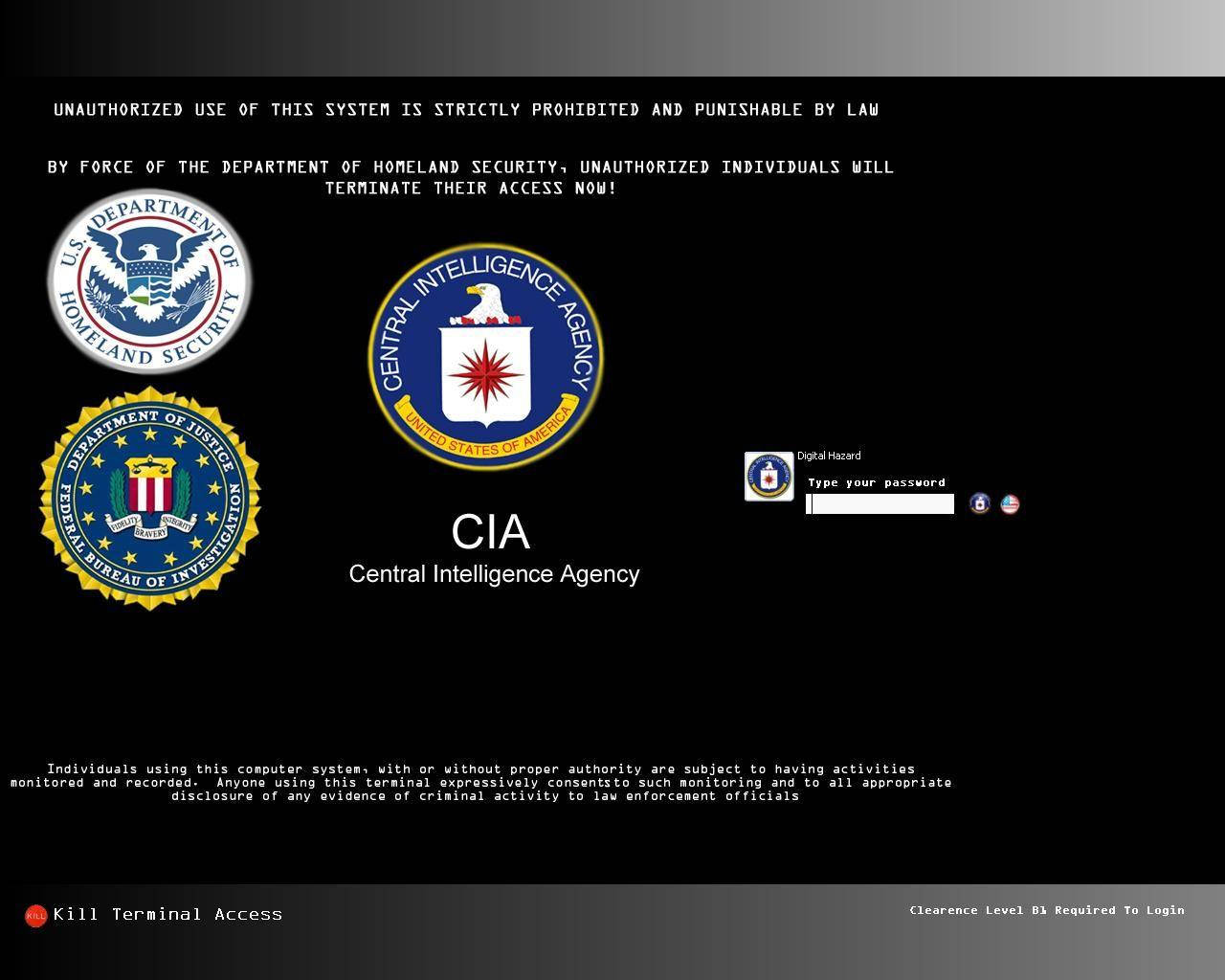 Cia 桌布 壁紙 — 黑色螢幕顯示政府機構標誌及密碼提示，並附有未經授權存取警告文字。