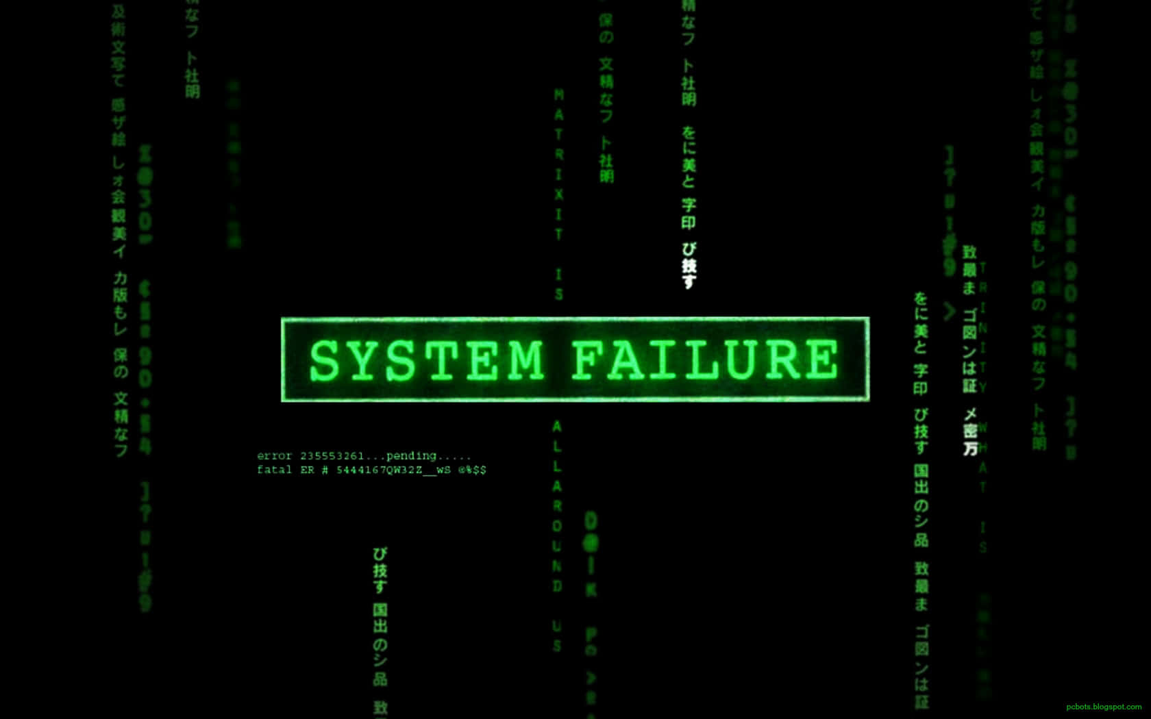 黑色背景上帶有墜落日文文字的綠色發光系統故障訊息。 — 矩陣 GIF 壁紙