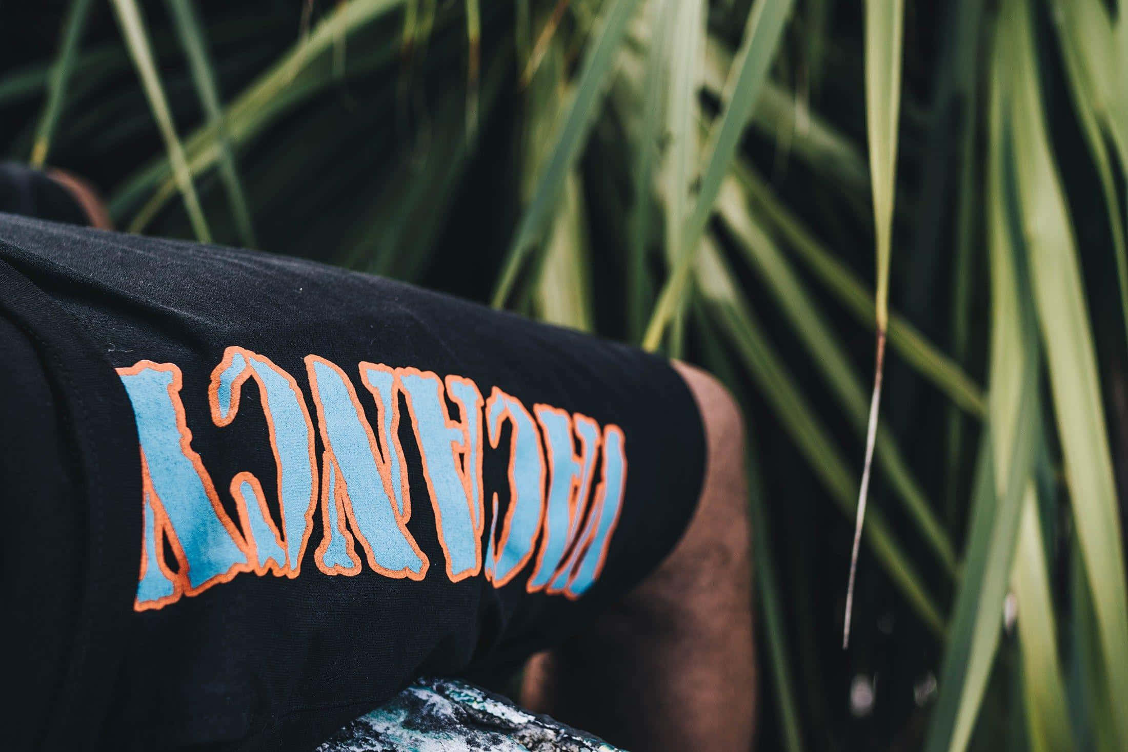 Vlone 桌布 壁紙 — 黑色衣袖特寫，上面有粗體藍色和橙色的「VACANCY」文字，背景是模糊的綠色樹葉。