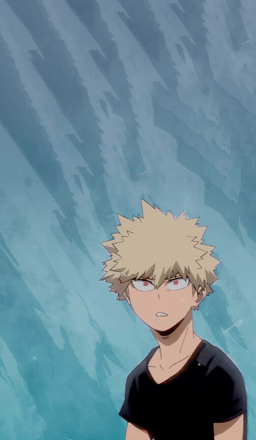 Bakugou Aesthetic 桌布 壁紙 — 黑色襯衫的尖刺金髮動漫男孩在動態藍色紋理背景上凝視著。