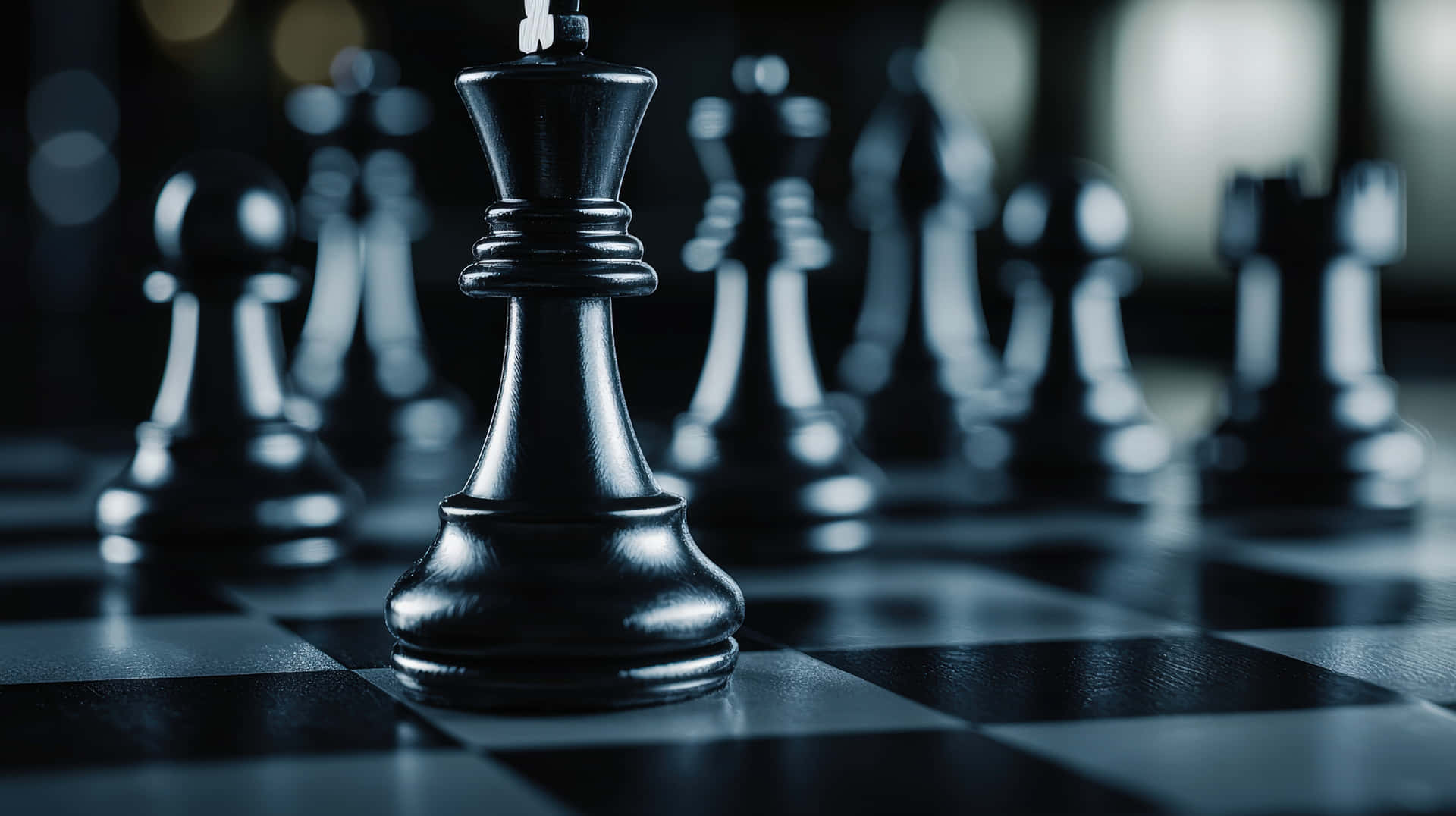 Black Chess King in Focus with Blurred Background 壁紙 — 黑色西洋棋國王特寫，聳立在棋盤上，背景其他棋子模糊。