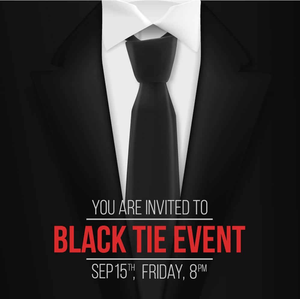 Black Tie Event 桌布 壁紙 — 黑色西裝、白襯衫、黑色領帶的特寫，上面有粗體紅色文字宣布黑領結活動。