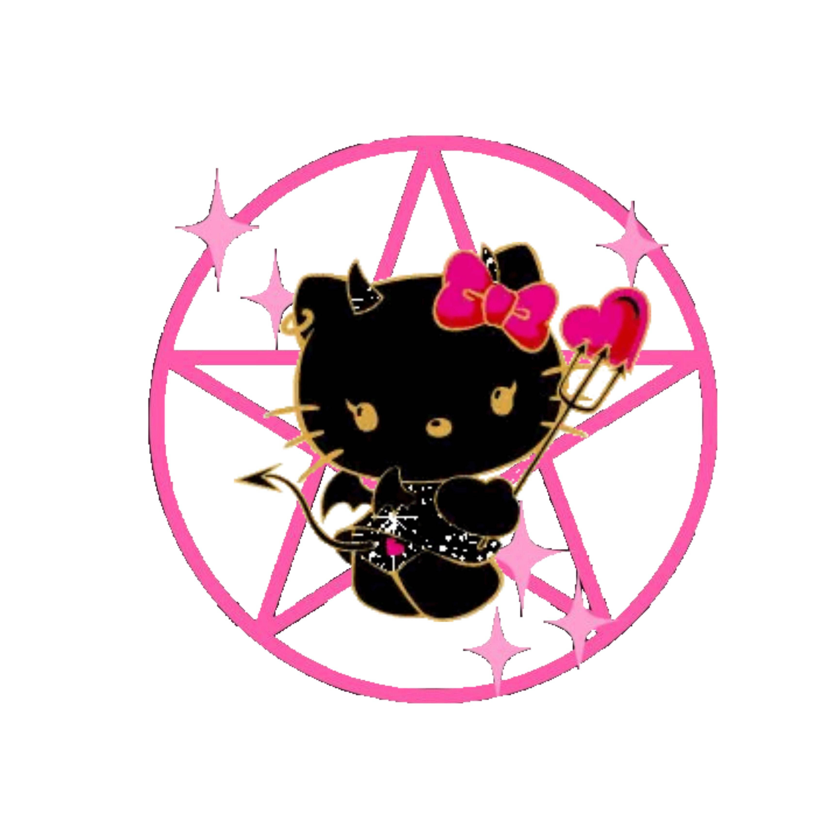 Hello Kitty Halloween 桌布 壁紙 — 黑色貓咪角色，帶有惡魔角和尾巴，在粉紅色五角星內手持心形三叉戟，周圍環繞著閃光。