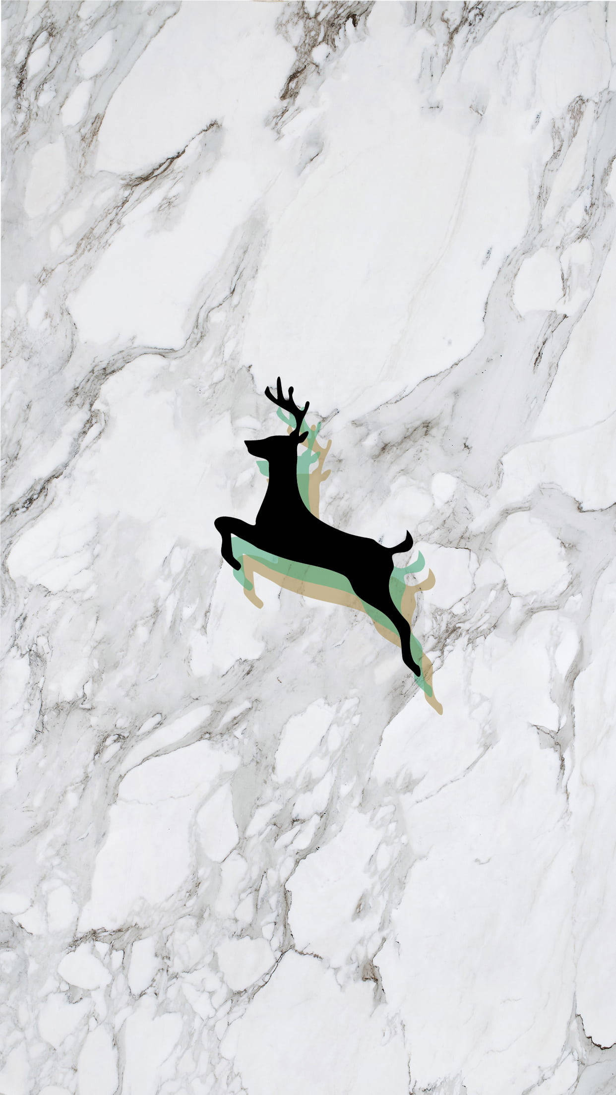 White Marble 桌布 壁紙 — 黑色跳躍鹿剪影搭配薄荷綠和金色點綴，在白色和灰色大理石背景上脫穎而出。
