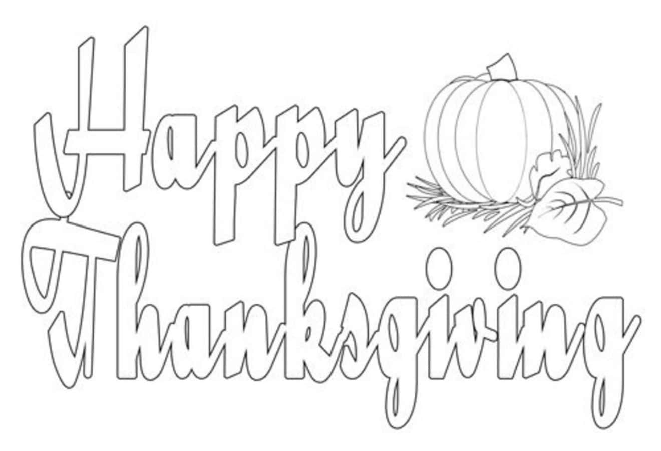 Thanksgiving Coloring 桌布 壁紙 — 黑色輪廓插圖，包含「Happy Thanksgiving」文字、南瓜和樹葉，供填色。