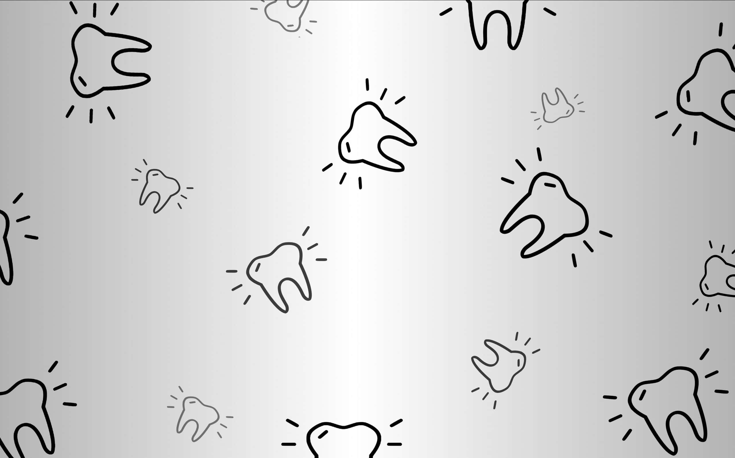 Tooth 桌布 壁紙 — 黑色輪廓的卡通牙齒帶閃光漂浮在漸變銀色背景上。