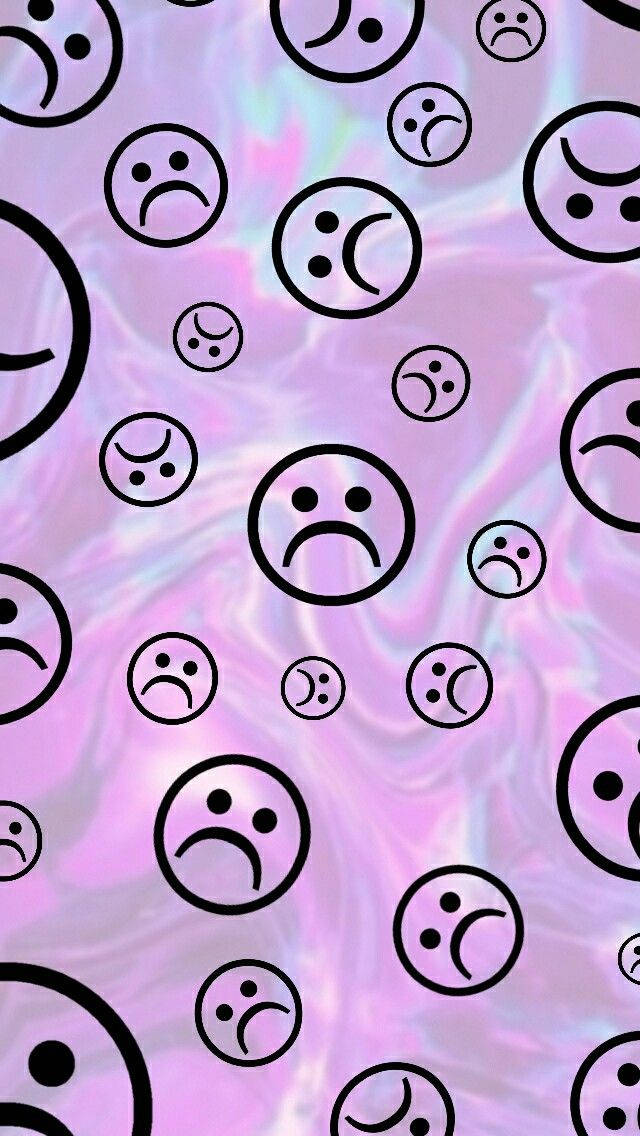 Cute Sad 桌布 壁紙 — 黑色輪廓的悲傷表情符號漂浮在閃爍的虹彩粉紅和紫色液體背景上。