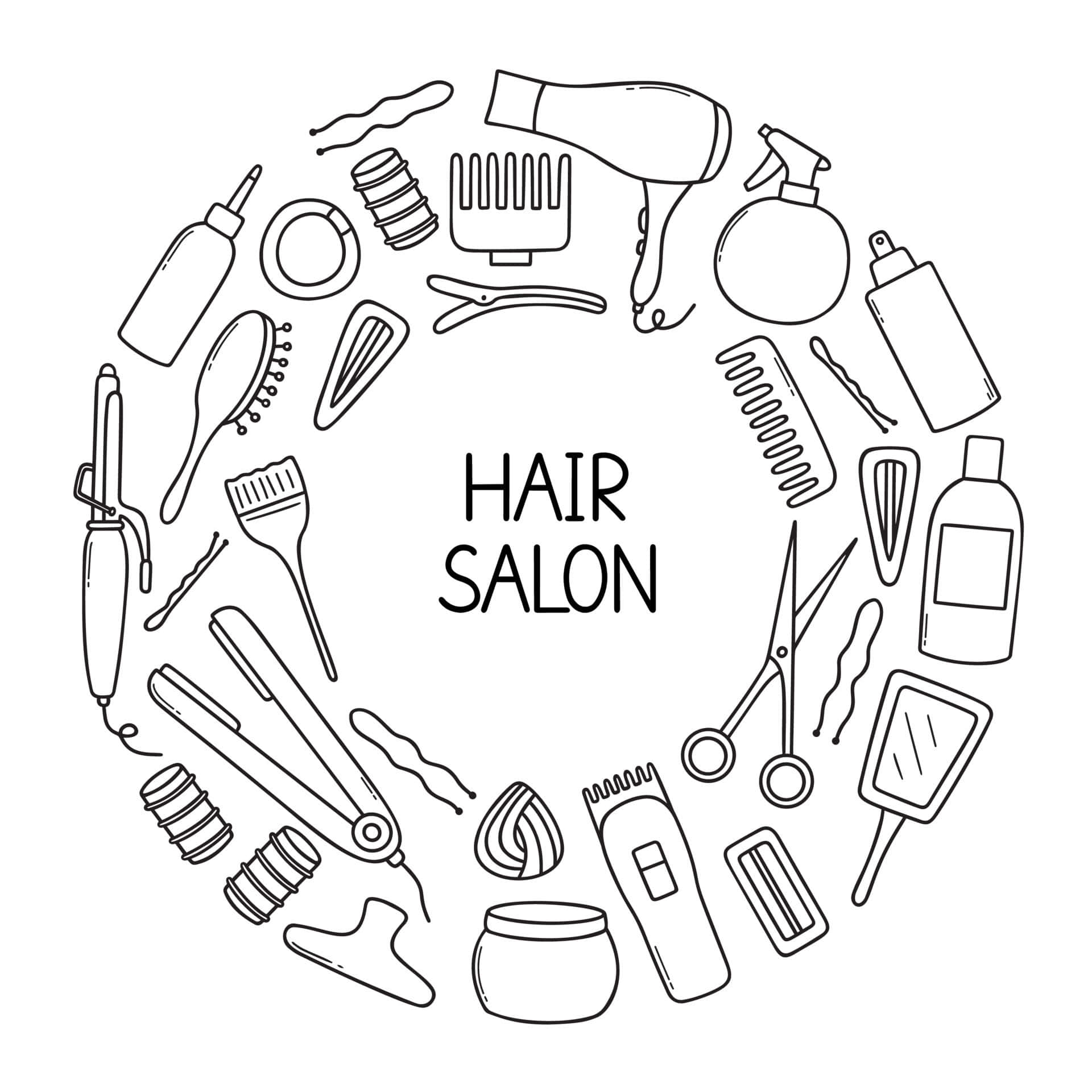 Hair Salon 桌布 壁紙 — 黑色輪廓線條繪製的圓形髮廊工具和產品排列，白色背景，中央有粗體文字 HAIR SALON。