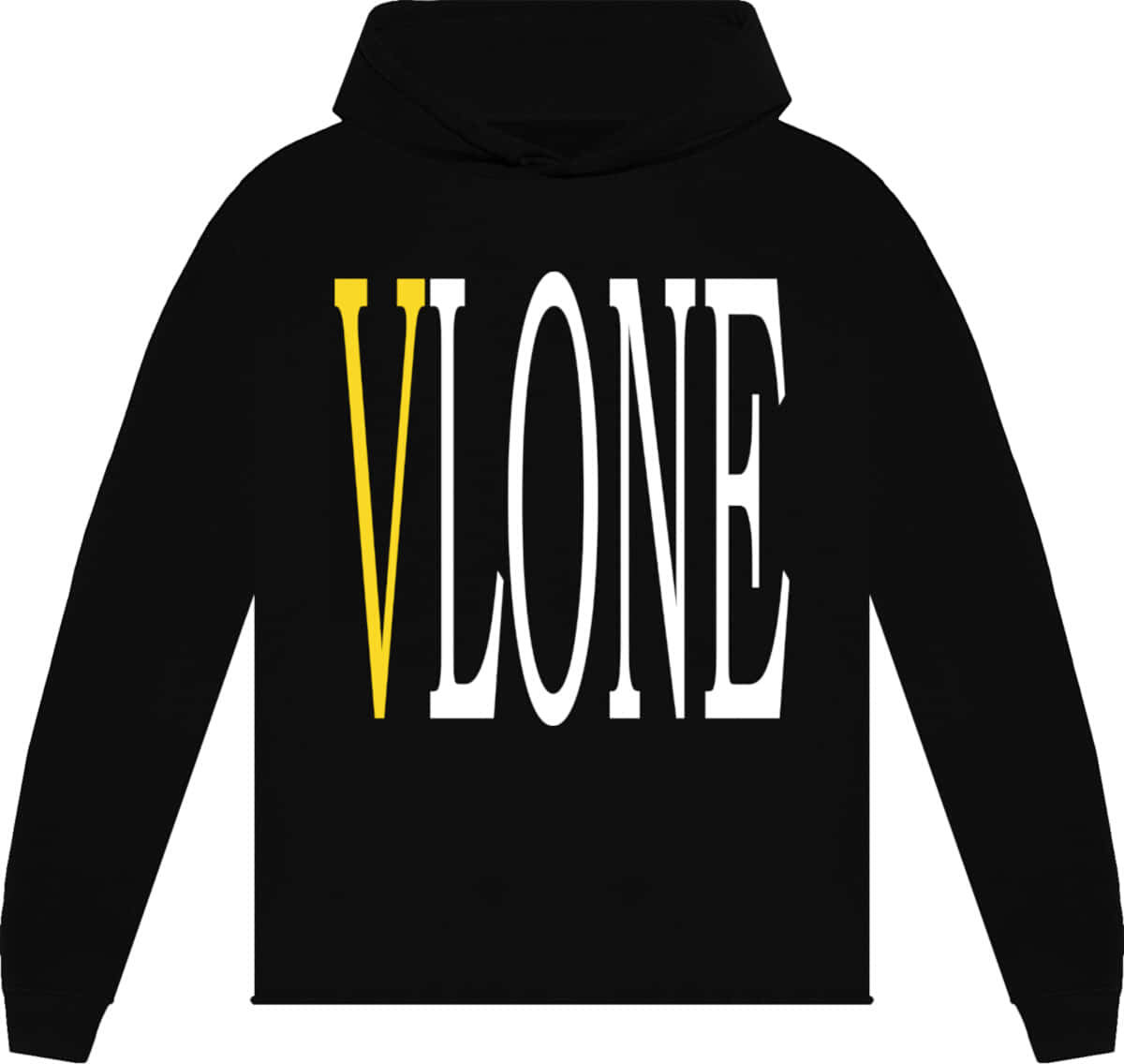 Vlone 桌布 壁紙 — 黑色連帽上衣，胸前中央有粗體白色和黃色 'VONE' 標誌，背景為純白色。