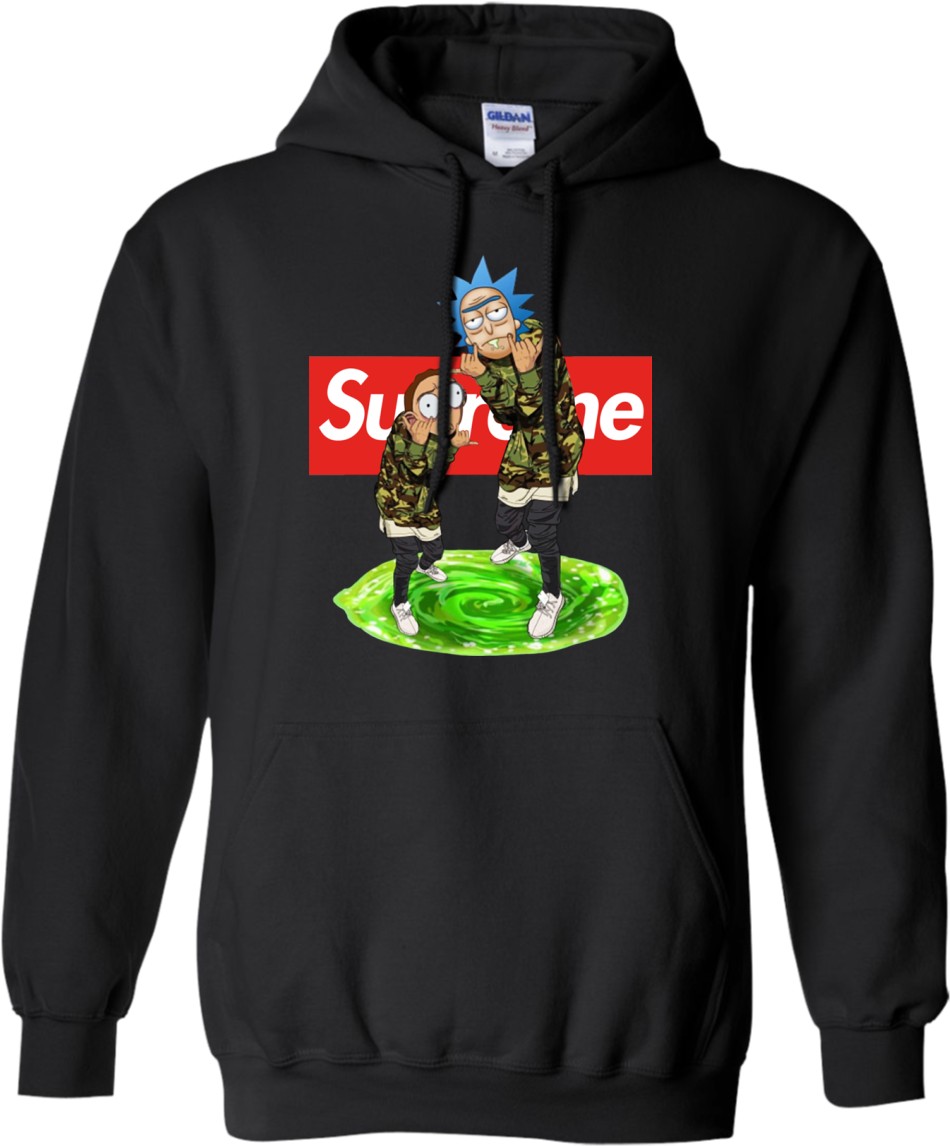 supreme 桌布 壁紙 — 黑色連帽衫，Rick和Morty身穿迷彩服站在綠色傳送門上，背後有紅色Supreme標誌。