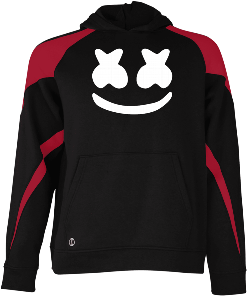 Marshmello 動態圖 桌布 壁紙 — 黑色連帽衫，紅色袖子，正面有一個大的白色笑臉標誌。