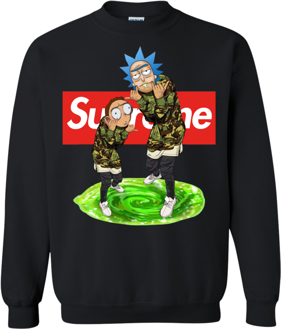 supreme 桌布 壁紙 — 黑色連帽衫上，瑞克和莫蒂穿著迷彩服站在綠色傳送門上，身後有紅色Supreme標誌。