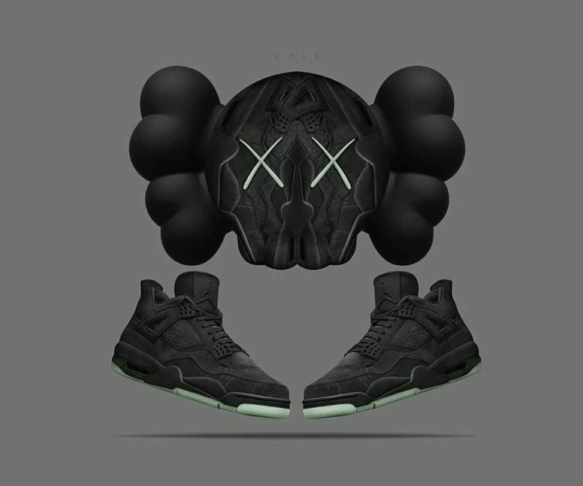 Kaws X Air Jordan 桌布 壁紙 — 黑色運動鞋搭配發光薄荷綠鞋底，漂浮在一個風格化的黑色KAWS頭像下方，該頭像帶有發光的X眼睛，背景為灰色。