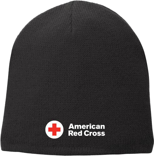 Red Cross 桌布 壁紙 — 黑色針織無邊帽，帶有美國紅十字會標誌，白色圓圈內有紅色十字和白色文字。