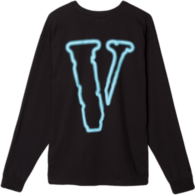 Vlone 桌布 壁紙 — 黑色長袖襯衫，背面有發光的霓虹藍色鋸齒狀V標誌。