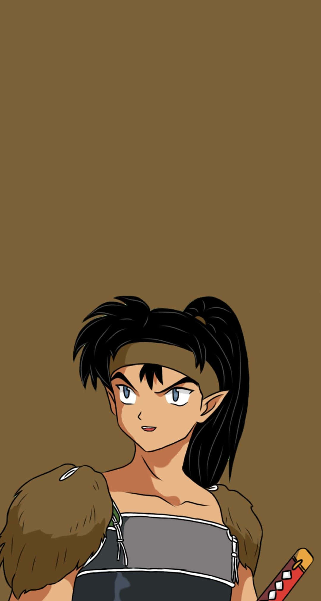 Inuyasha Koga 桌布 壁紙 — 黑色雙辮、眼神兇猛的動漫角色站在純棕色背景前，手持一把劍。