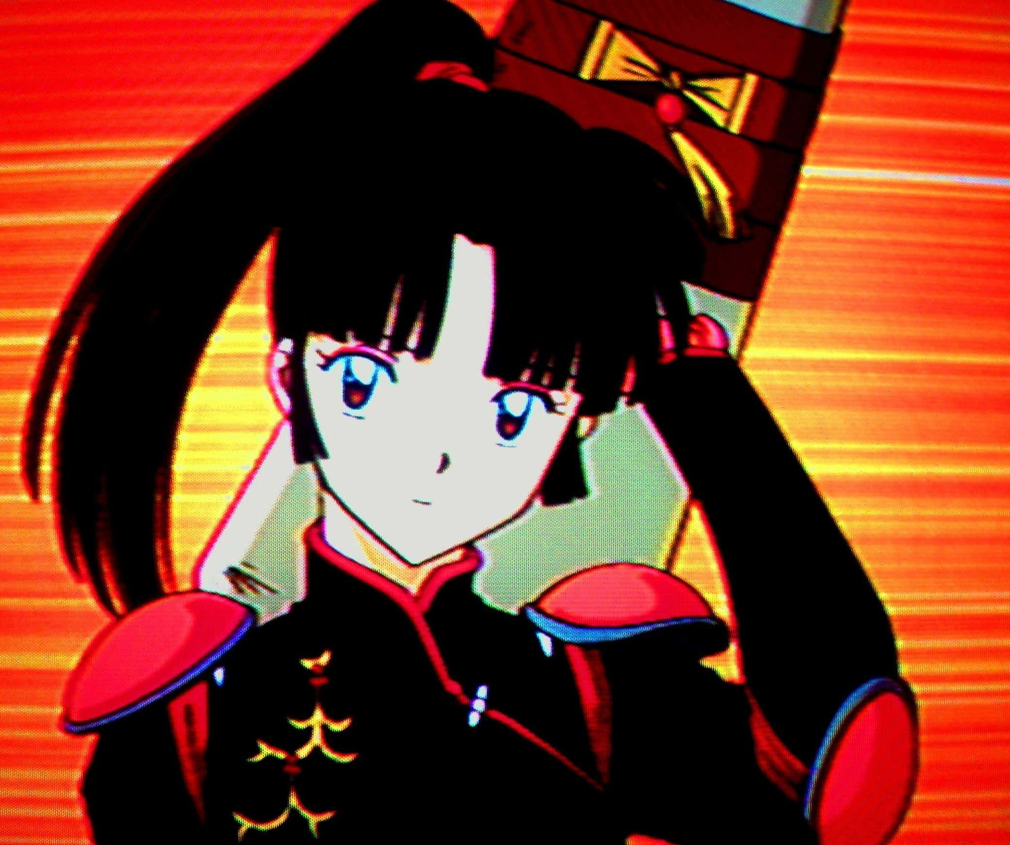 Sango 桌布 壁紙 — 黑色雙馬尾、紅色服裝的動漫女孩站在帶有火焰橙色條紋的背景前。