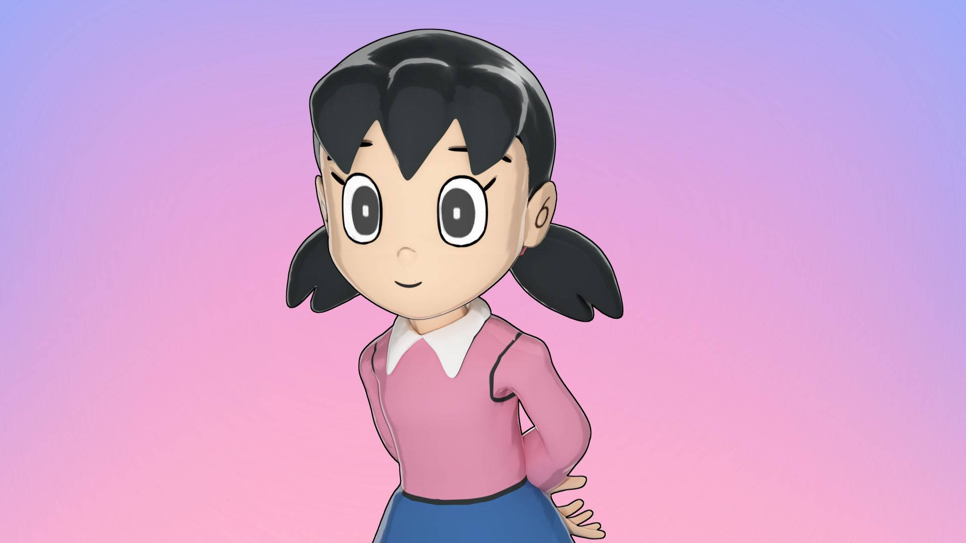 漸層 桌布 壁紙 — 黑色雙馬尾辮、身穿粉紅色毛衣的動漫女孩，站在柔和的紫色和粉紅色漸變背景前。