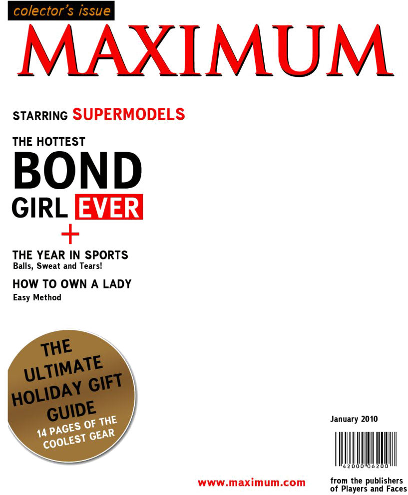雜誌 桌布 壁紙 — 黑色雜誌封面，帶有粗體紅色和白色文字，宣傳超模、龐德女郎和節日禮物指南。