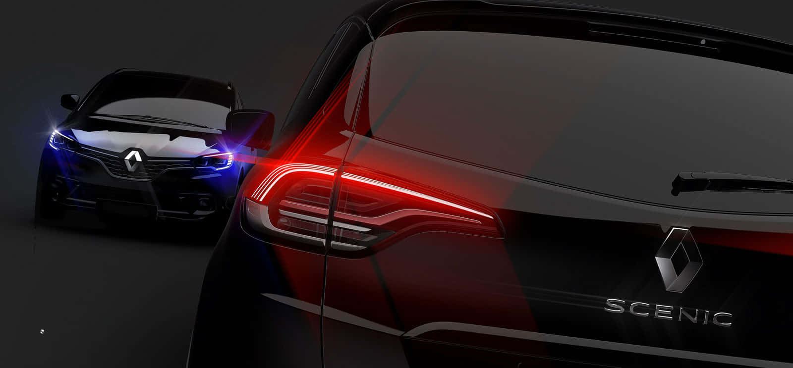 Renault Scenic 桌布 壁紙 — 黑色雷諾 Scenic 發光紅色尾燈的特寫，背景是另一輛車的藍色頭燈。