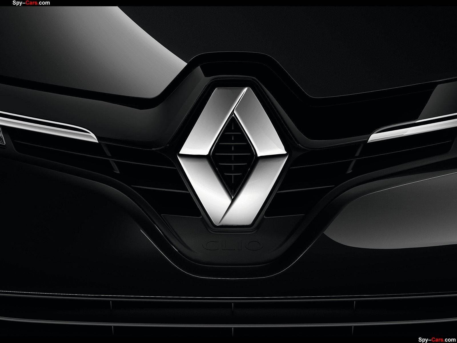 Renault 桌布 壁紙 — 黑色雷諾Clio時尚前格柵的特寫，在深色光澤表面上展示其閃亮的鍍鉻鑽石標誌。