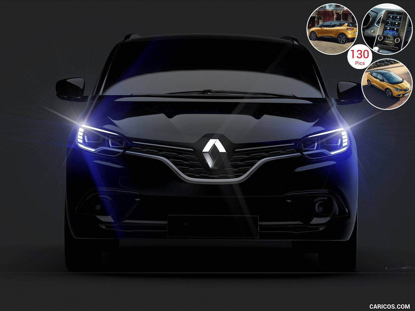 Renault 桌布 壁紙 — 黑色雷諾SUV的時尚正面視圖，藍色發光頭燈，背景為深色工作室。