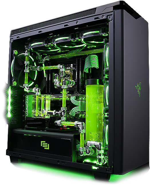Gaming Pc 桌布 壁紙 — 黑色電腦機殼搭配透明側板，內部露出複雜的綠色水冷管道和發光風扇。