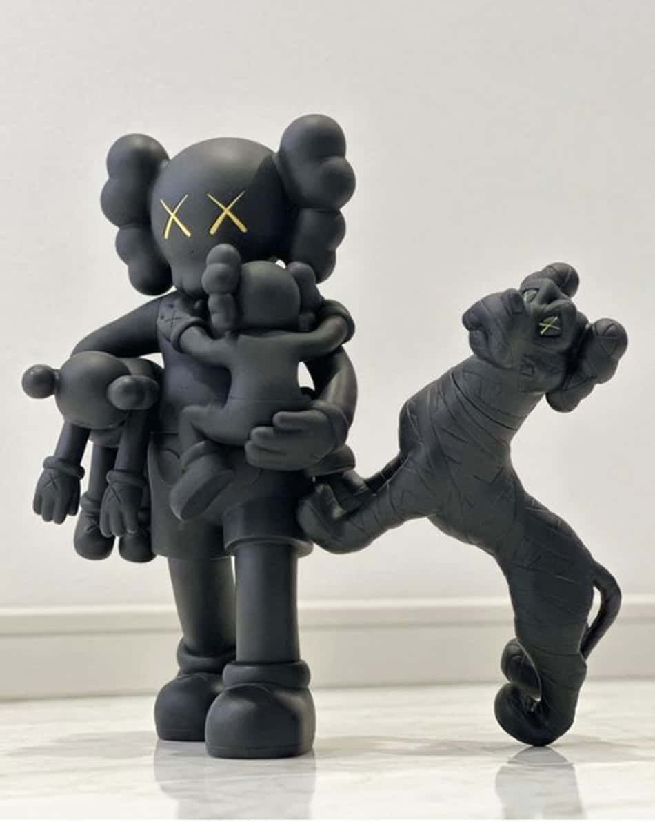 kaws pc 桌布 壁紙 — 黑色霧面KAWS公仔，金色X眼睛，在白色大理石地板上，靠著素面牆擁抱。