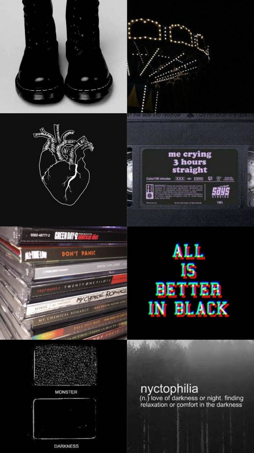 Collage 桌布 壁紙 — 黑色靴子、發光面具、解剖心臟、VHS 錄影帶和歌頌夜晚與黑暗的文字藝術的暗色拼貼畫。