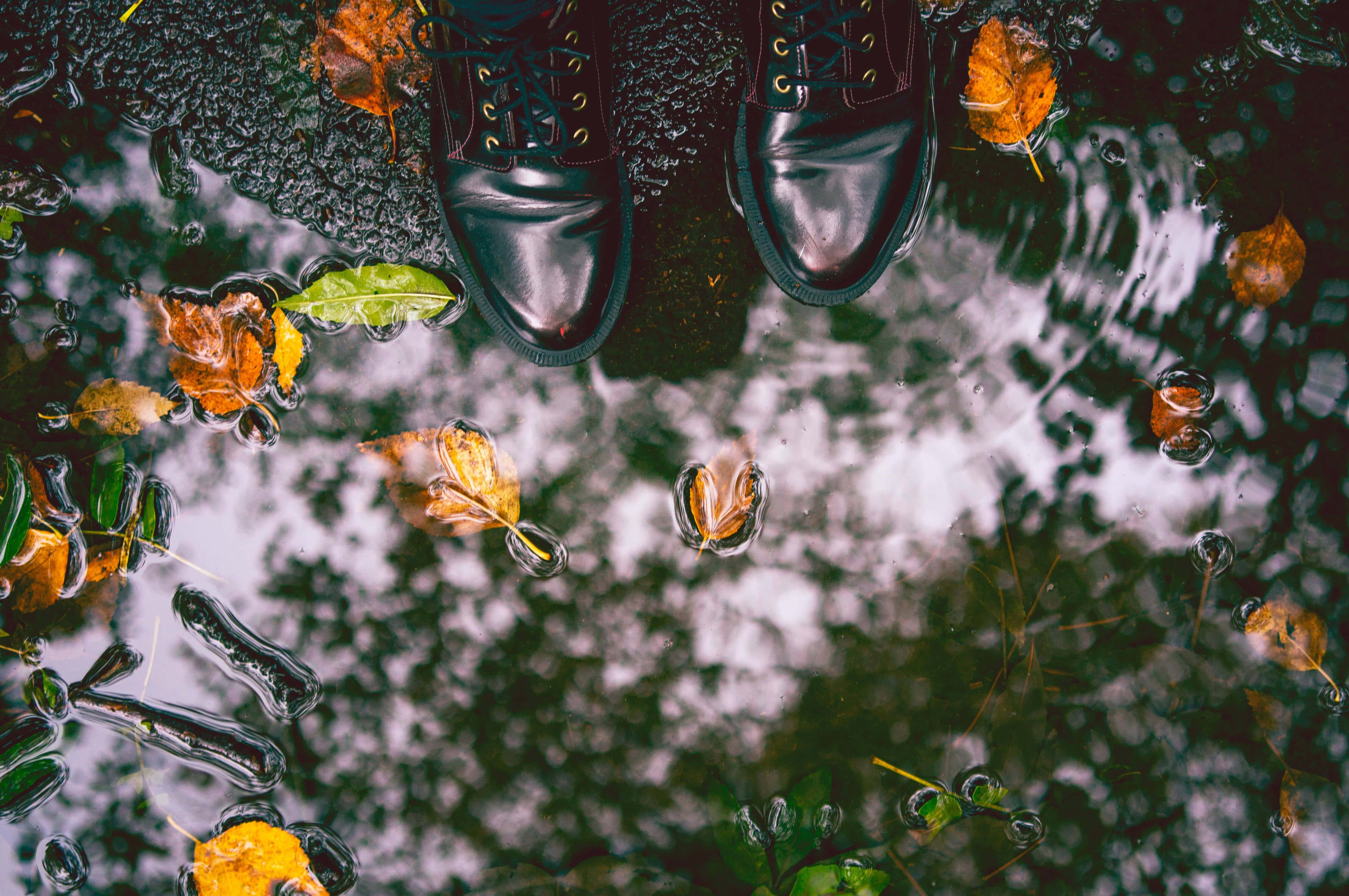 Fall Rain 桌布 壁紙 — 黑色靴子站在一個倒映著秋葉和天空的雨水坑中。