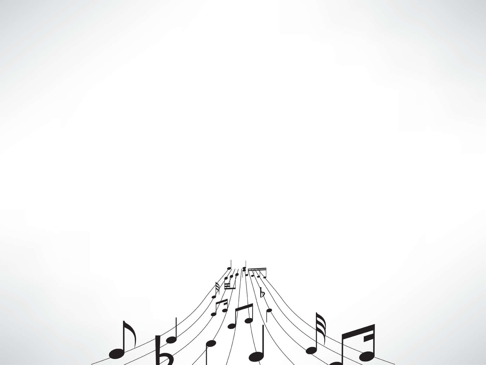 音樂 桌布 壁紙 — 黑色音符和五線譜在柔和的白色漸變背景上沿對角線上升。
