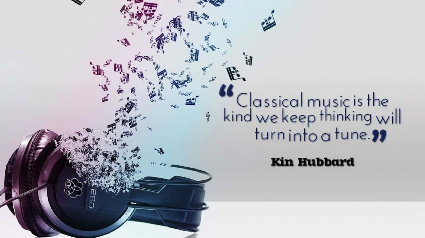 Classical Music 桌布 壁紙 — 黑色頭戴式耳機在柔和漸變背景上散發出漂浮的音樂音符，並附有古典音樂的引言。