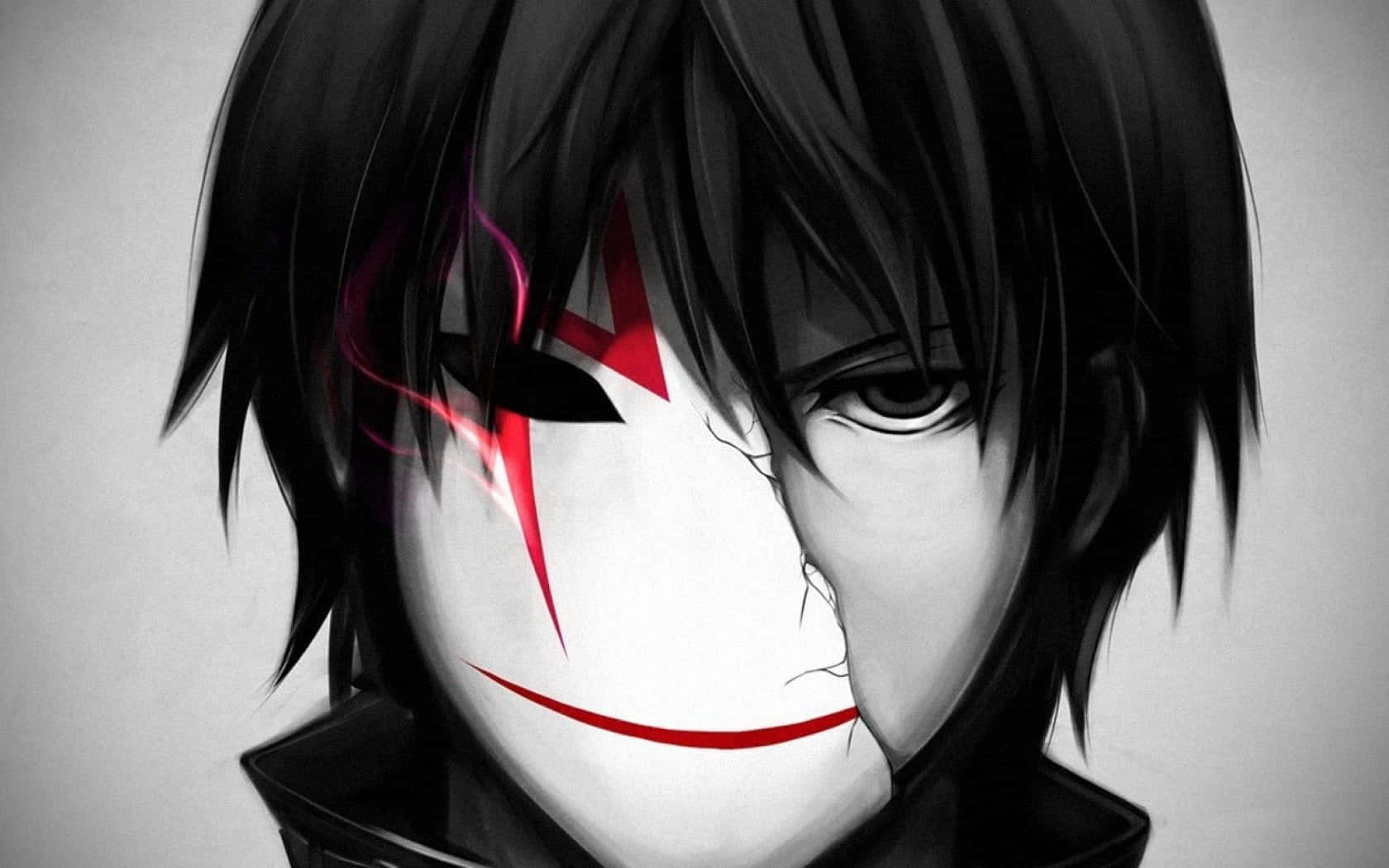 Anime Boy With Black Hair 桌布 壁紙 — 黑色頭髮、戴著帶有紅色標記的半臉面具、露出邪惡笑容的動漫角色。