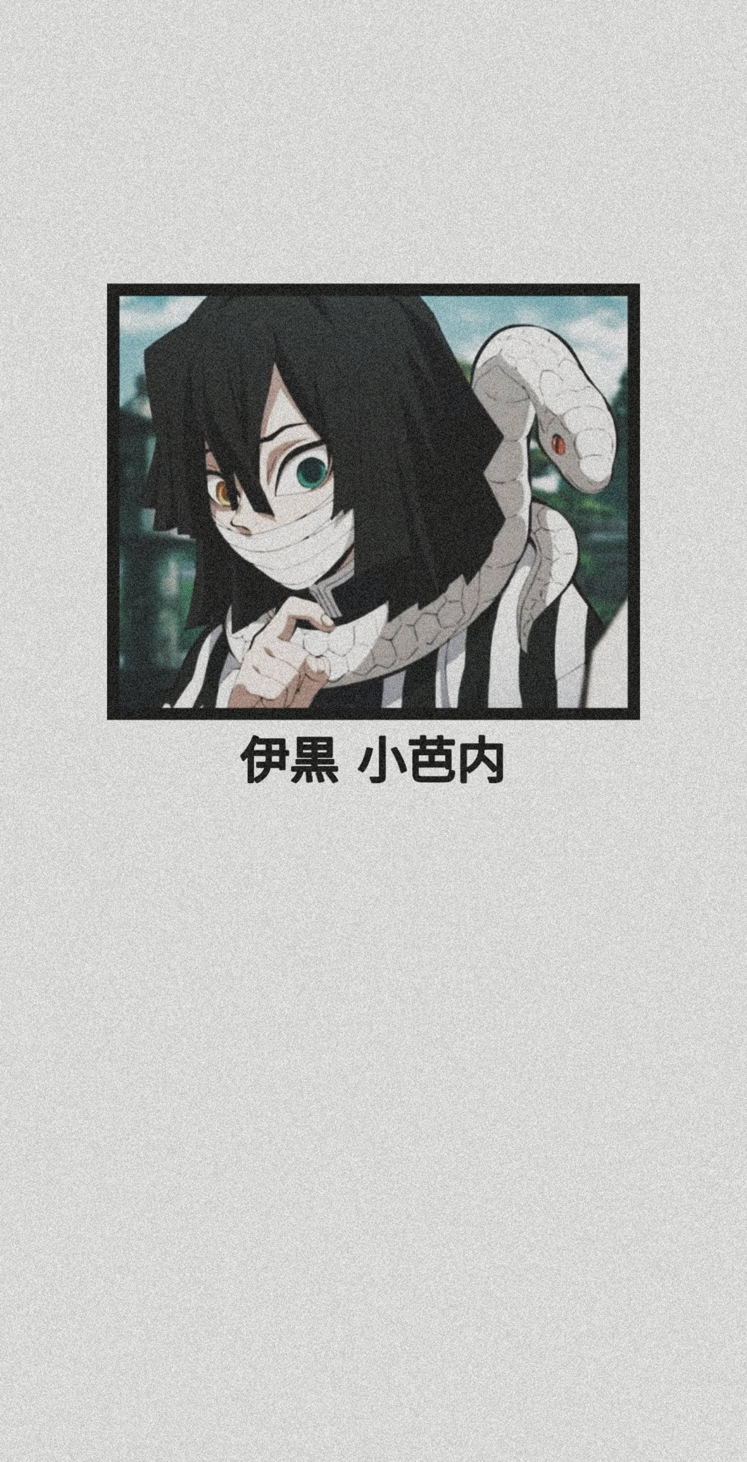 Demon Slayer Aesthetic 桌布 壁紙 — 黑色頭髮、繃帶纏臉的動漫角色，在柔和背景前抱著一條紅眼白蛇。