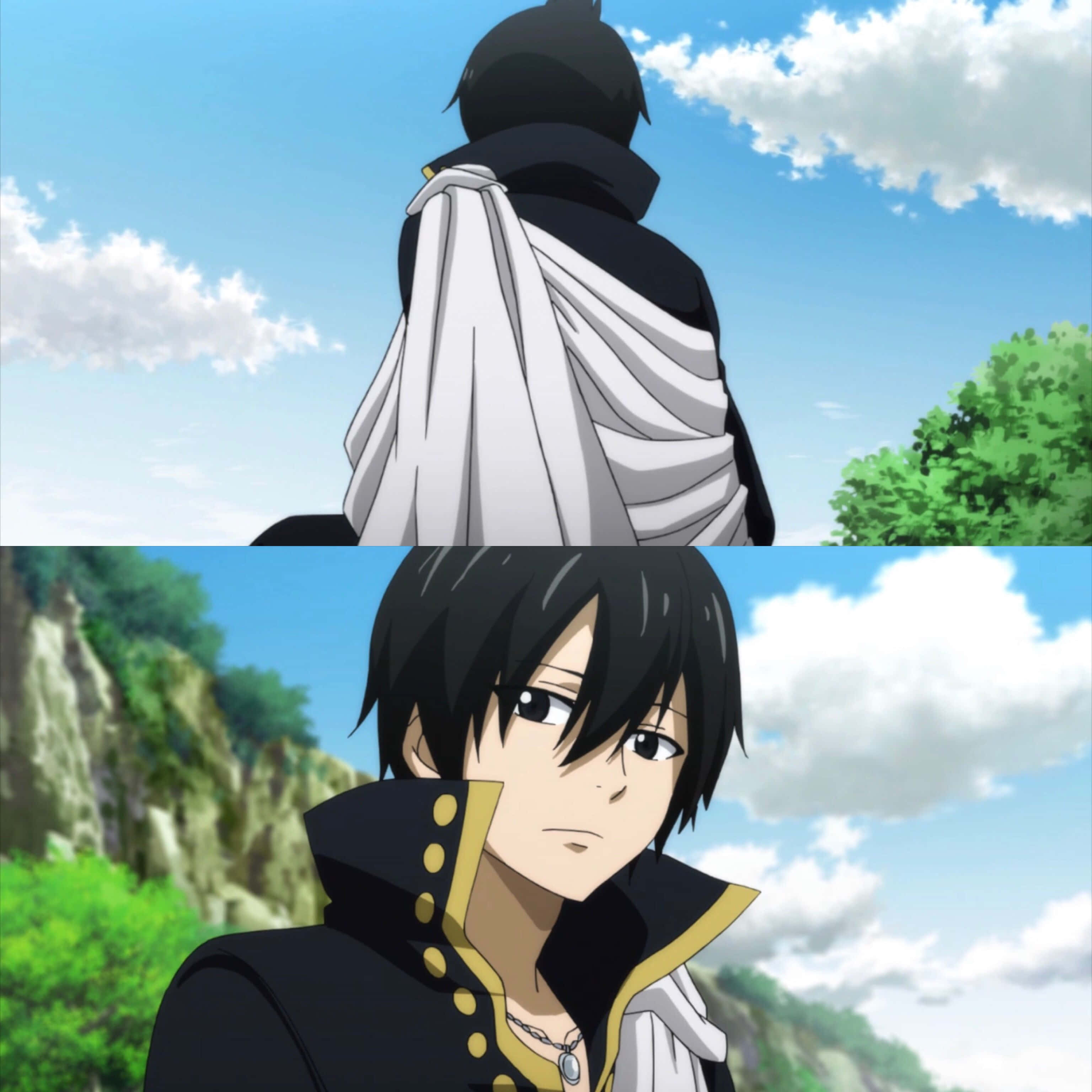Zeref Dragneel 桌布 壁紙 — 黑色頭髮和白色圍巾的動漫角色站在明亮的藍天下，有蓬鬆的雲朵和綠樹。