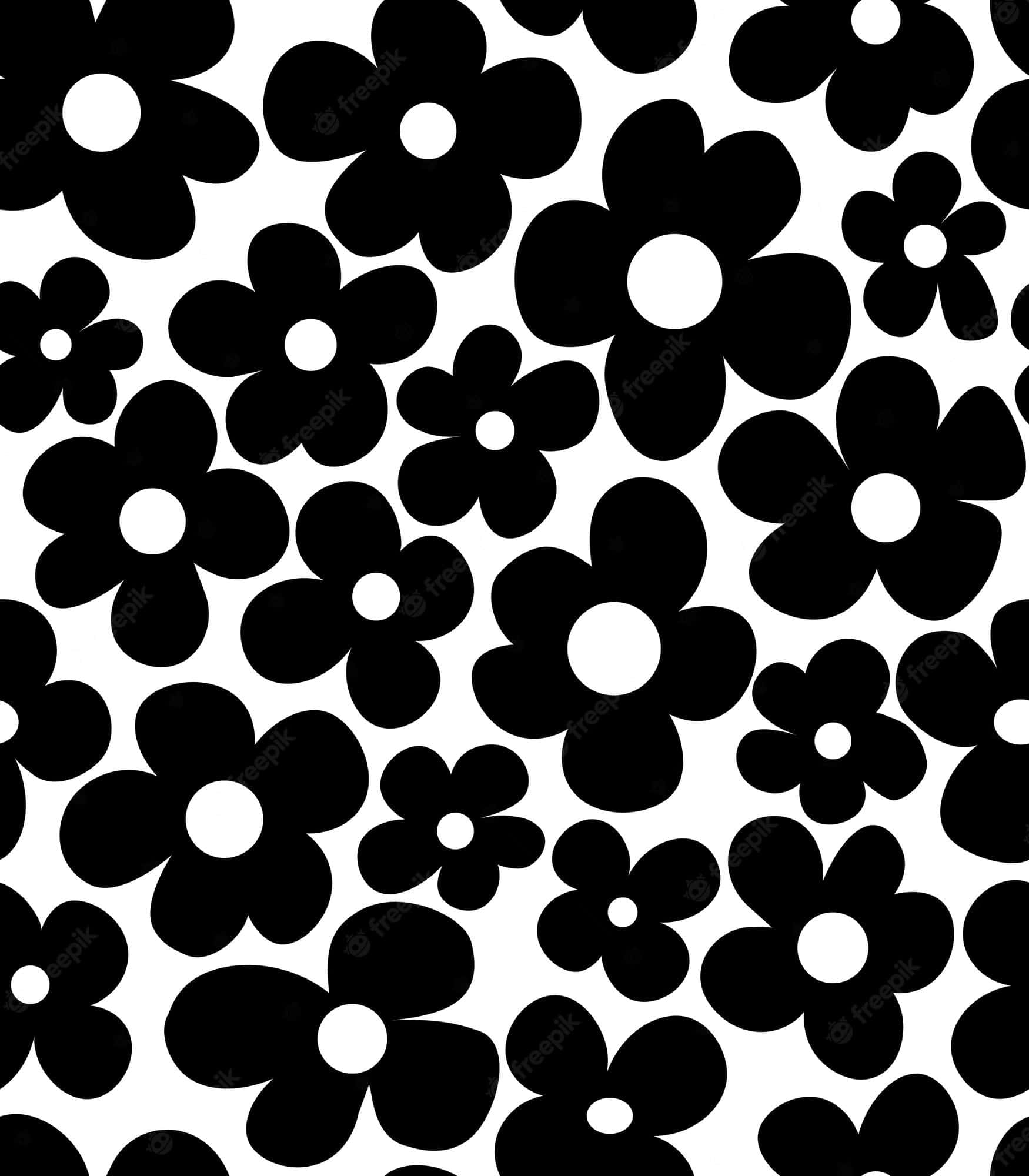 Simple Black And White 桌布 壁紙 — 黑色風格化花朵帶白色中心，在白色背景上以大膽極簡圖案重複。
