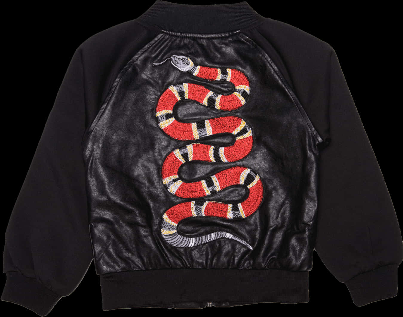 Gucci 桌布 壁紙 — 黑色飛行員夾克，背面有一條大型刺繡的紅、黑、奶油色蛇纏繞。