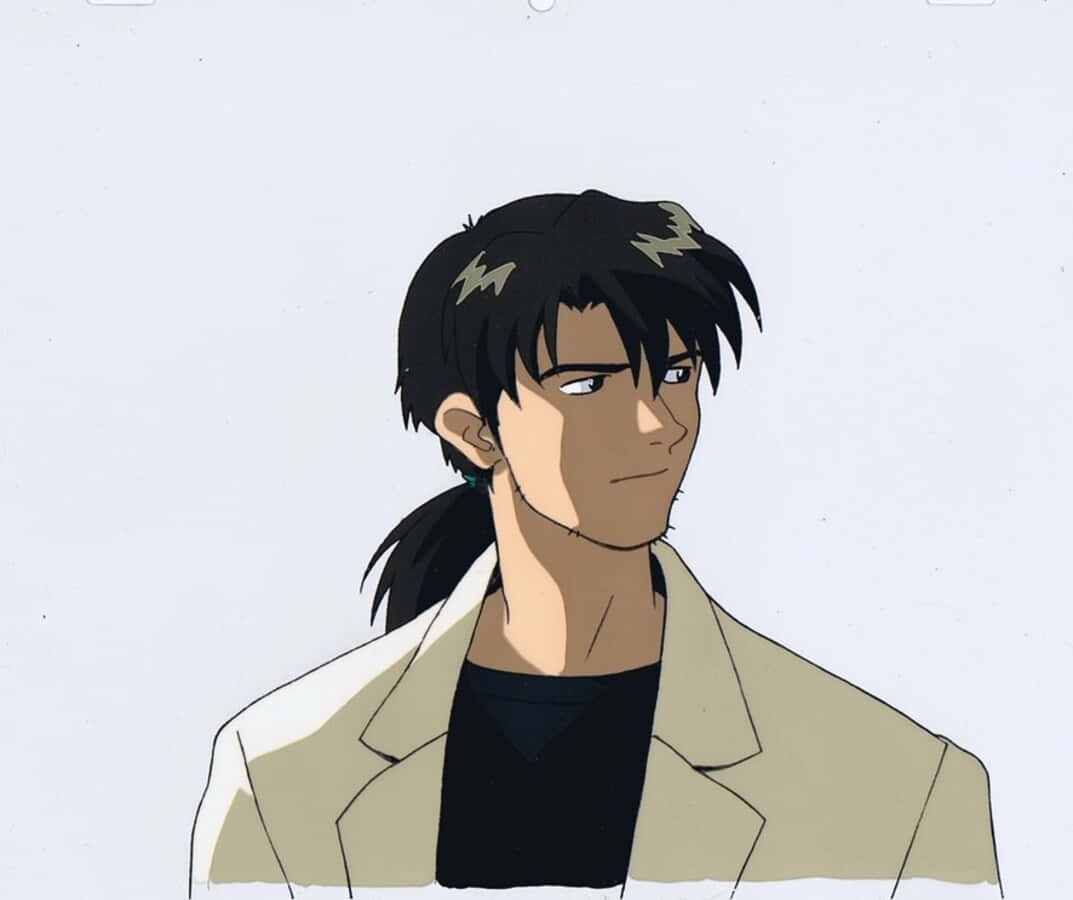 Ryoji Kaji 桌布 壁紙 — 黑色馬尾辮的動漫角色，身穿米色外套，背景簡潔。