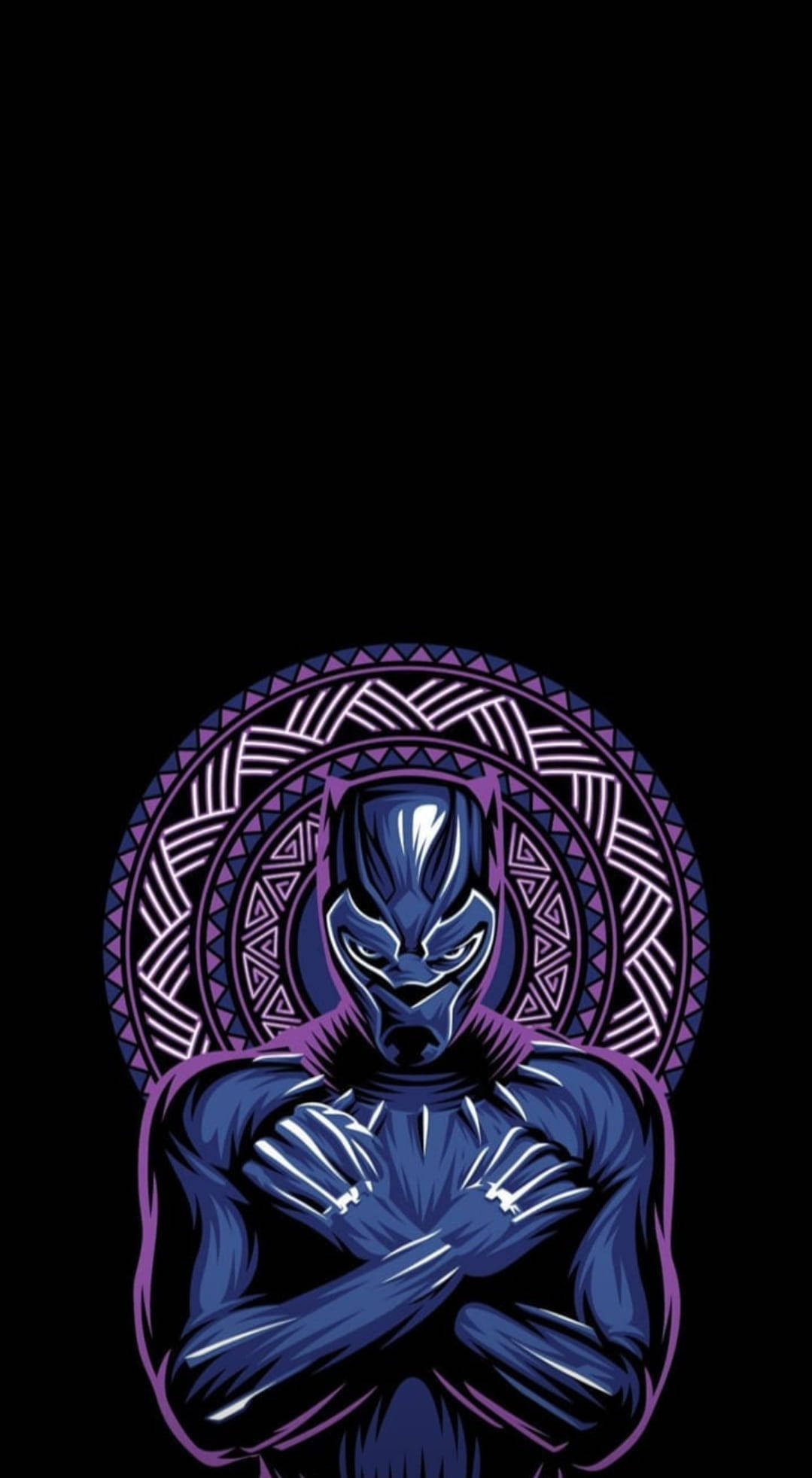 Wakanda 桌布 壁紙 — 黑豹交叉雙臂站立，背景為黑色，由發光的紫色幾何圓形框住。