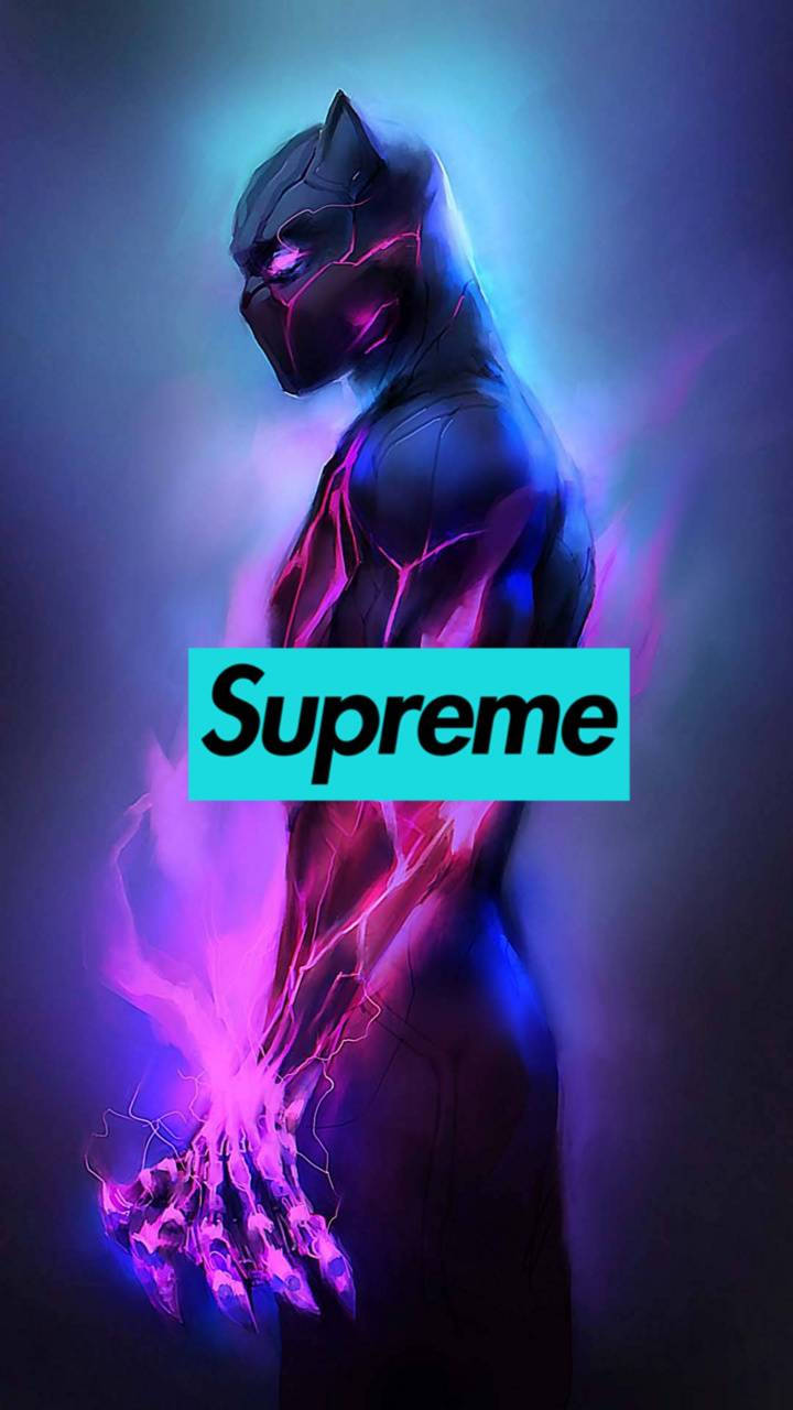 supreme 桌布 壁紙 — 黑豹以剪影姿態站立，在深藍色背景上散發電光紫色能量，並帶有Supreme標誌。