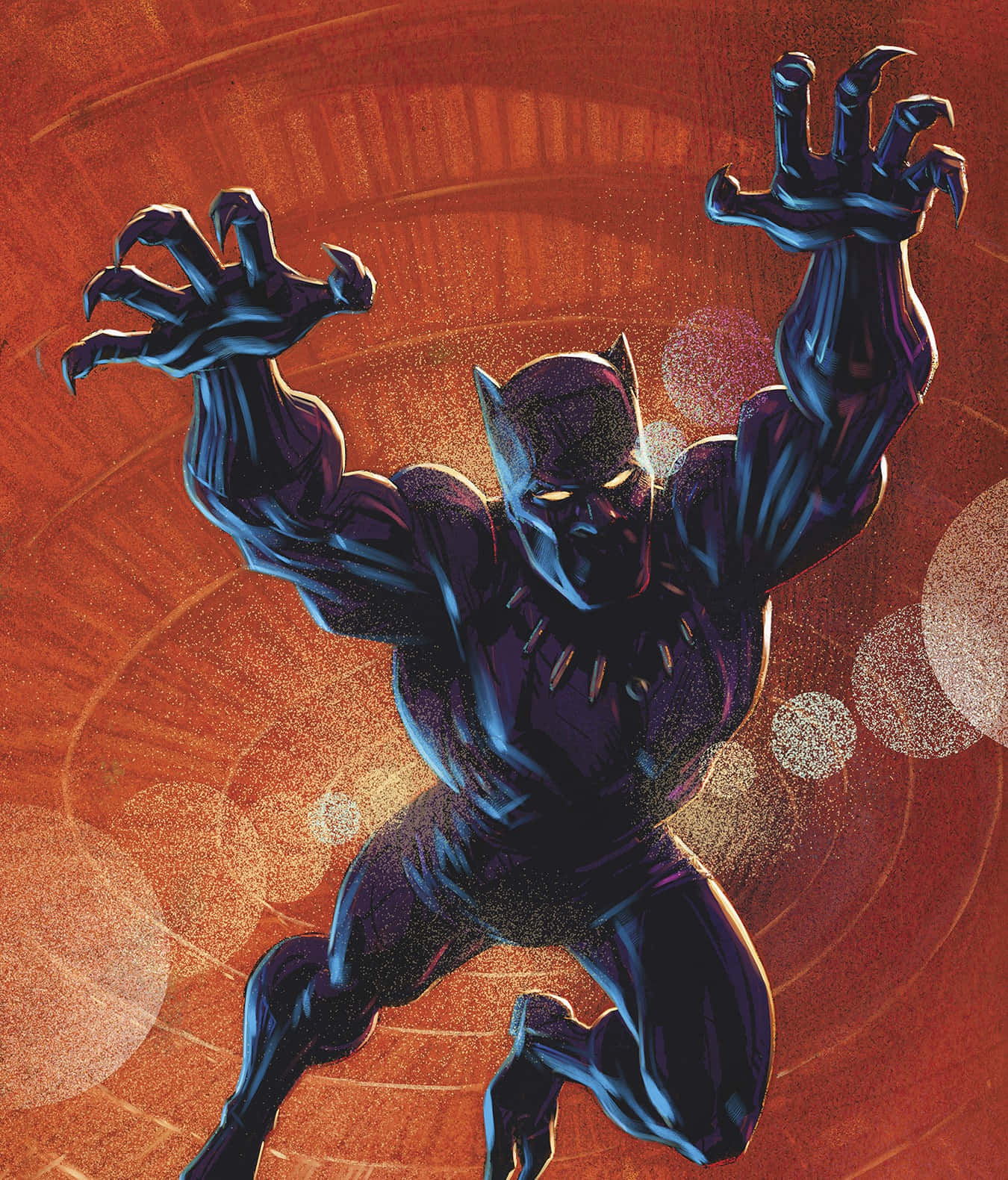 King Of Wakanda 桌布 壁紙 — 黑豹以動感姿態，雙眼發光，利爪伸出，背景是旋轉的橙色。