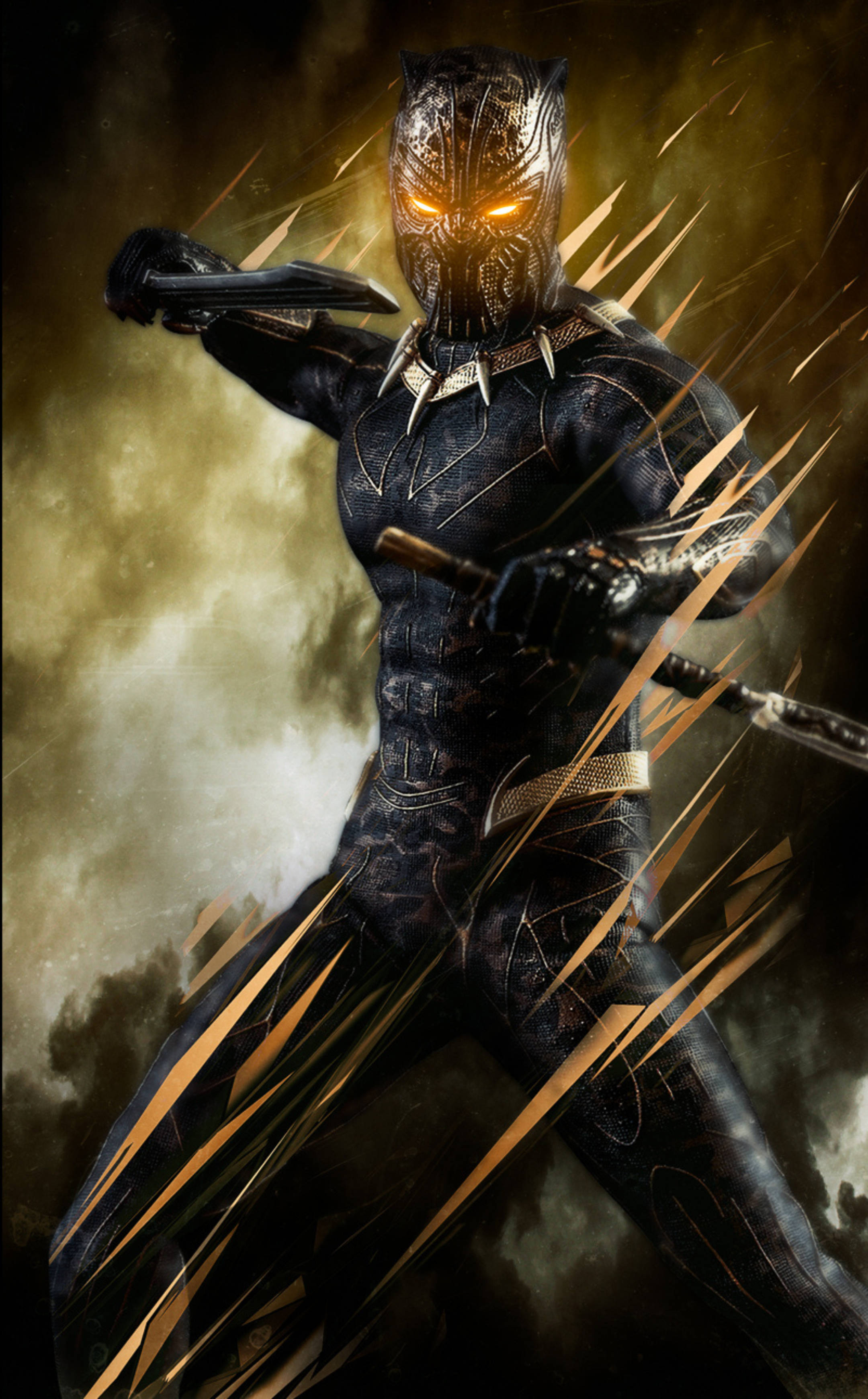 Killmonger 桌布 壁紙 — 黑豹以動感戰鬥姿勢站立，雙眼發光，能量條紋環繞，背景為煙霧瀰漫的金色。
