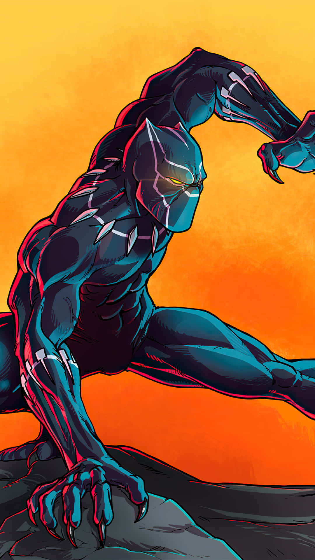 Black Panther Hero 桌布 壁紙 — 黑豹以動態姿勢蹲伏在熾熱橙色漸變背景上，眼睛發出黃色光芒。