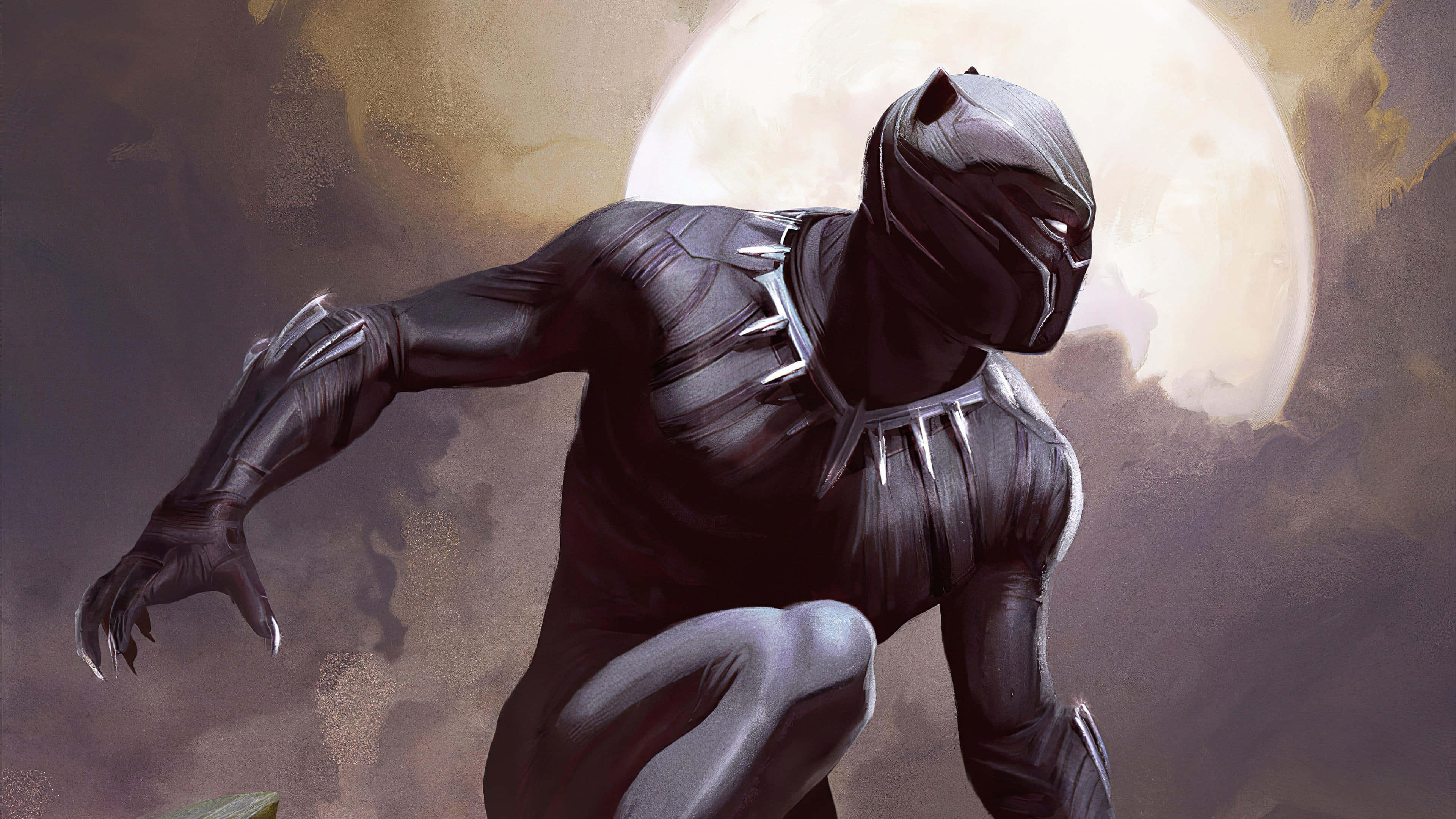 Black Panther Landscape 桌布 壁紙 — 黑豹以動態姿勢蹲伏在發光的滿月背景下，帶有戲劇性的燈光。