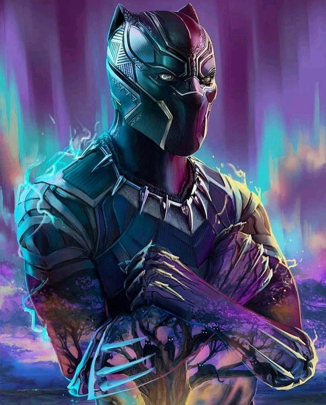 M Baku 桌布 壁紙 — 黑豹以英雄姿態站立，發光的爪子襯托著充滿活力的紫色和藍綠色宇宙背景。